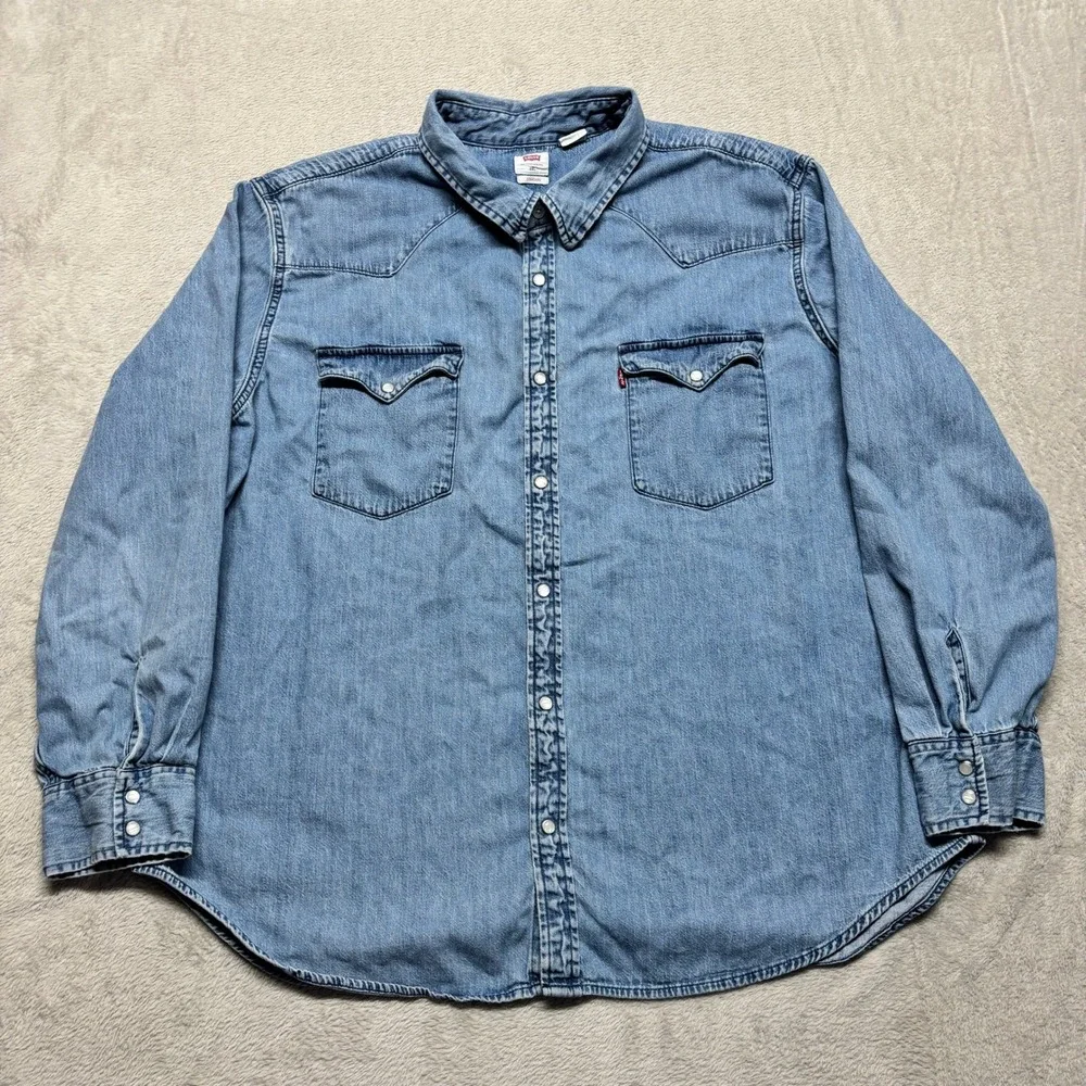 Levis Shirt Mens 2XL Standard Fit Western Blue Pearl Snap Denim Cowboy Cotton